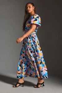 Anthropologie Somerset Tiered Maxi Dress Abstract Shape Orange Motif Size MP NEW - Picture 1 of 9