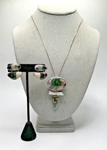 J21.15. Obsidian Sterling Silver & Ocean Jasper Set of Necklace & Clip Earrings - Picture 1 of 19