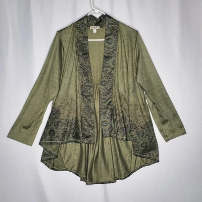 One World Cardigan Womens XL Green Paisley Hi-Lo Artsy Boho Forest Fairy Whimsy - Image 1 of 4
