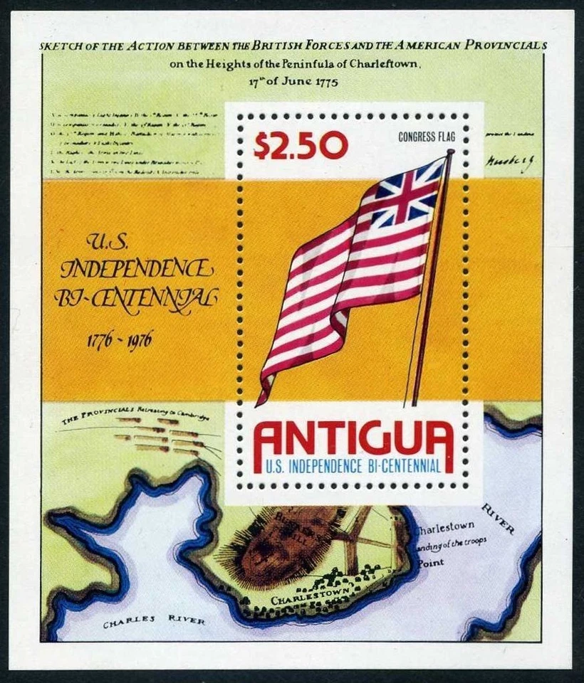 Antigua 430, MNH. Michel Bl.24. USA-200, 1976. Bunker Hill flag, map. - Image 1 of 1