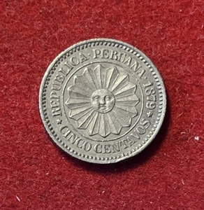 Peru 1879 5 Centavos Copper-Nickel Coin KM#197 Provisional Coinage T6735 - Picture 1 of 2
