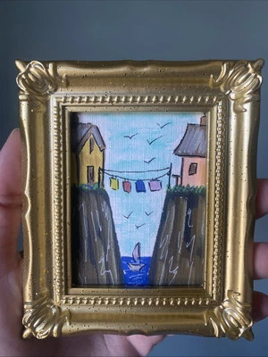 Casas, montañas, paisaje, pintura original, enmarcado, miniatura, pequeño, mini Foto 1 de 4