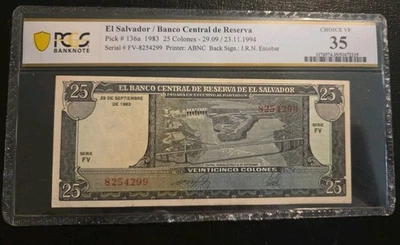 El Salvador PCGS  MS35 PK#136a 1983 25 Colones Very Fine Circulated Banknote - Image 1 of 2