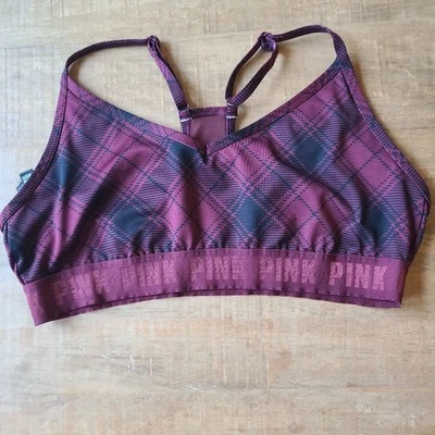PINK Victoria's Secret Active Women Sports Bra XLarge Maroon Red Black Plaid - Image 1 of 3