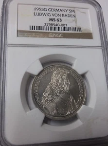 Rare 1955 G Germany Silver 5 Marks Ludwig von Baden NGC MS 63 - Picture 1 of 2