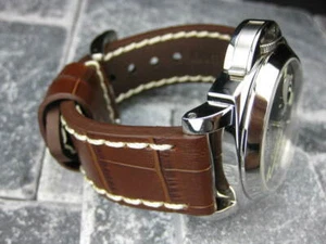 New 22 mm BIG CROCO Leather Strap Choco Brown Watch Band White for PANERAI R x1 - Picture 1 of 10