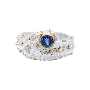 925 Argento Sterling & 18k Oro Tanzanite e Diamante Unico Trama Matrimonio - Foto 1 di 3