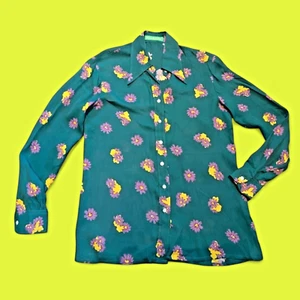 CACHAREL FRANCE vintage 70s 80s green floral disco button down blouse shirt 8 4C - Picture 1 of 11