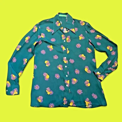 CACHAREL FRANCE Vintage Años 70 80 Verde Floral Disco Botón Blusa Camisa 8 4C Foto 1 de 4