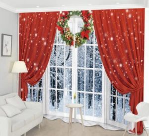 Snow Forest Xmas Wreath Red Curtains 3D Window Curtains Blockout Drape Fabric - Picture 1 of 11