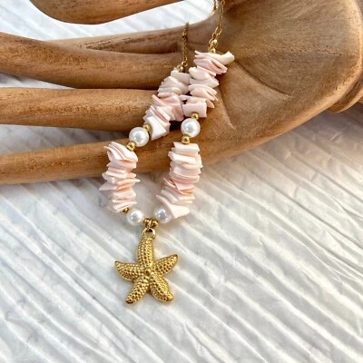 Collar Colgante Estrella de Mar Chapado en Oro 18K Acero Inoxidable Perla Rosa Foto 1 de 4