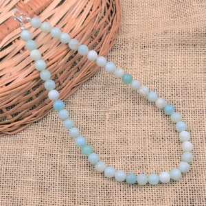 Natural Blue Amazonite 8mm Round Beaded Gemstone Handmade Unisex Necklace - Picture 1 of 6