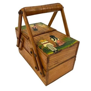 Cartera caja de costura decorativa vintage hecha a mano de madera arte popular - Imagen 1 de 12
