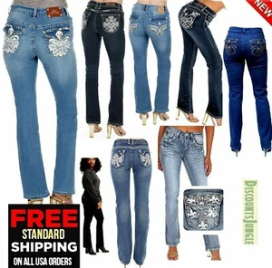 Womens Bootcut Jean Stretch Denim Mid Rise Rhinestones Jack David &Sexy Couture - Picture 1 of 98