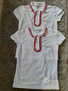 PERSONALISED GIRLS SCHOOL POLO SHIRT 2-14 YEARS ANY COLOUR GINGHAM RIBBON - Picture 1 of 1