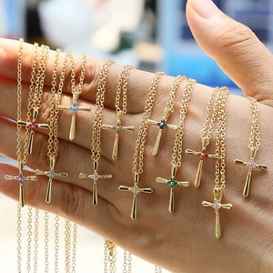 Collares de cadena con colgante de cruz de circonita cúbica religiosa para mujer piedras de nacimiento cadenas de oro de 18 quilates - Imagen 1 de 26