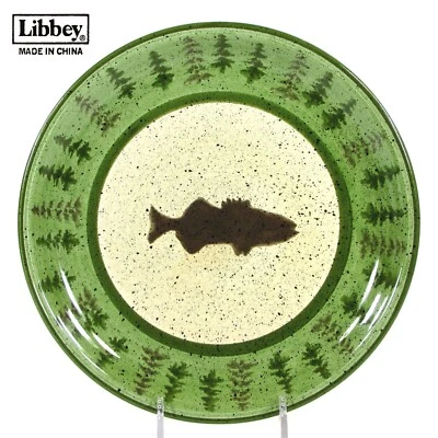 Libbey RUSTIC LODGE - FISH 8.5" Salad Plate Green Brown Pine Trees Speckled - Image 1 of 4