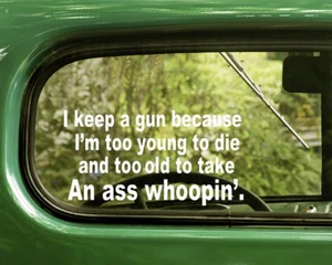 2 I KEEP A GUN BECAUSE I'M TOO YOUNG TO DIE LUSTIGE AUFKLEBER Aufkleber für Autofenster - Bild 1 von 1