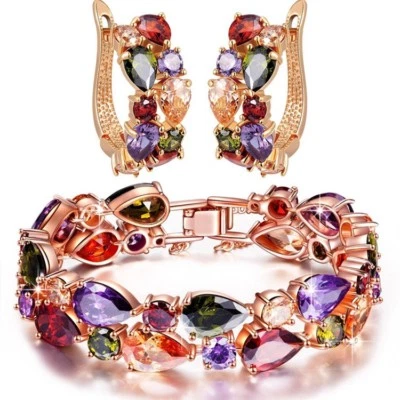 2Pcs Set Monalisa Natural Morganite Amethyst Rose Gold Plated Bracelet Earrings - Image 1 of 4