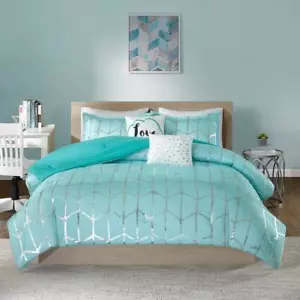 Intelligent Design Comforters King/Cal King Geometric Microfiber Aqua/Silver - Picture 1 of 11