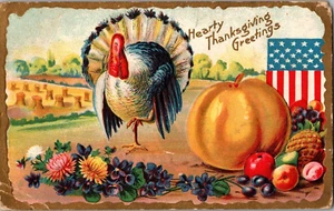 AK Herzhafte Erntedankgrüße stolzierende Truthahn Obst gestempelt 19 ?? - Bild 1 von 2