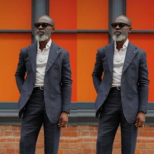 Black Linen Men Suits Evening Party Formal Wedding Work Summer Men Tuxedos - Picture 1 of 7