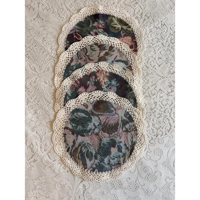 Vintage Floral Tapestry Placemats - Crochet Lace Edging, Set of 4 - Image 1 of 4