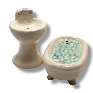 Bañera Burbujas Azules Pedestal Fregadero Blanco Salero y Pimentero Cerámica Corea De Colección - Imagen 1 de 10