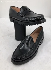 J.crew Winona Black Leather Upper & Lining Rubber Lug Sole Penny Loafer Women 9 - Picture 1 of 8