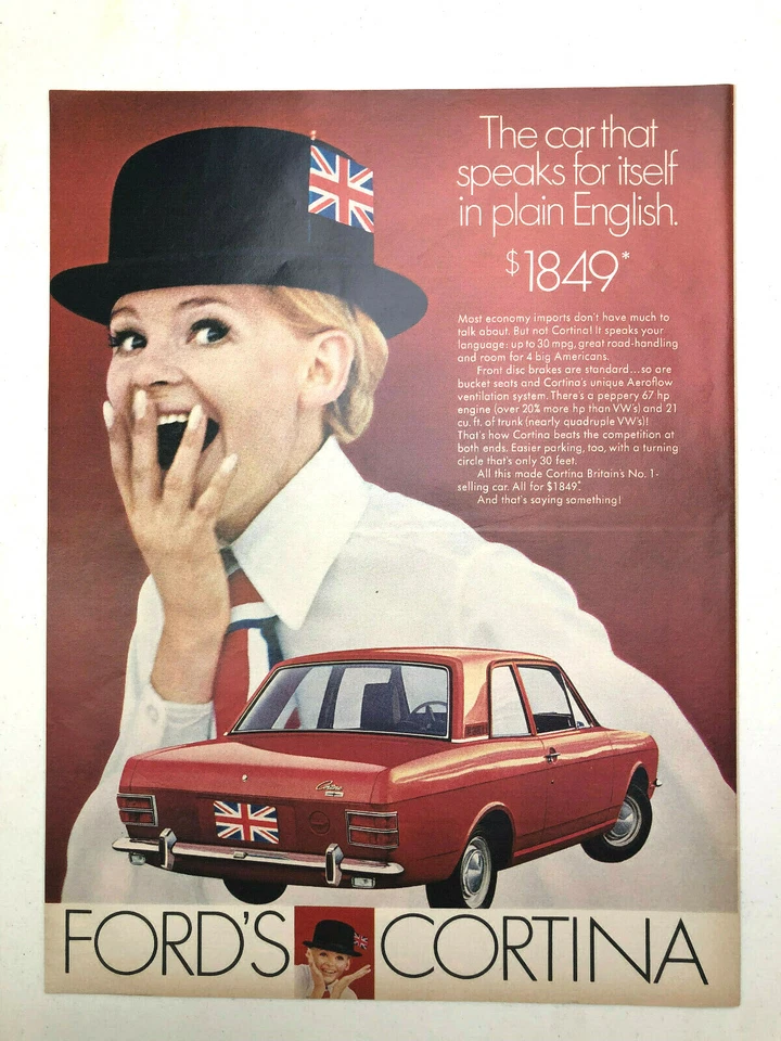 Red Ford Cortina 1970s Print AD Blonde Girl in Hat with British Flag - Image 1 of 1