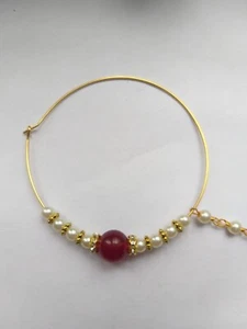 Wedding Red Bead Nose Ring With Chain Indian Nath Piercing Hoop Fashion Jewelry - Picture 1 of 6