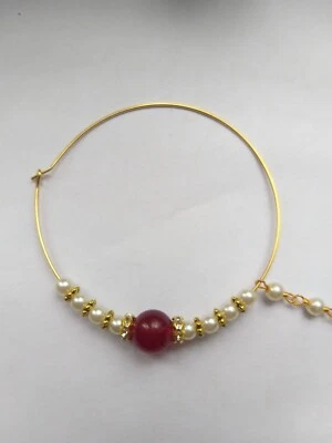 Wedding Red Bead Nose Ring With Chain Indian Nath Piercing Hoop Fashion Jewelry - Image 1 of 4