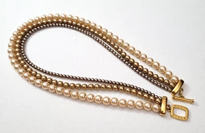 Collar Leni Pérez Vintage Imitación Perla 3 Hilos Firmado Crema Champagne Bronce - Imagen 1 de 12