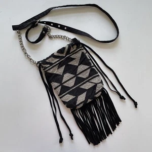 American Eagle Outfitters Purse Crossbody Fringe Boho Accents Black Cream 6x8" S - Picture 1 of 8