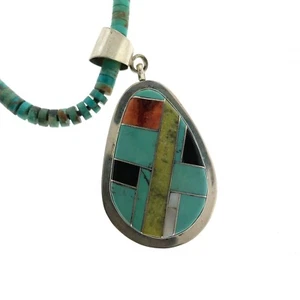 Santo Domingo Turquoise Heishi Single Strand Necklace with Inlay Pendant - Picture 1 of 4