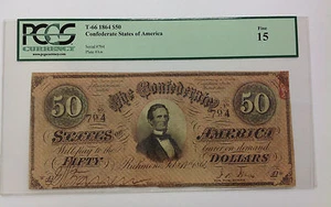 T-66 1864 $50 Confederate States of America PCGS Fine 15 - Picture 1 of 2