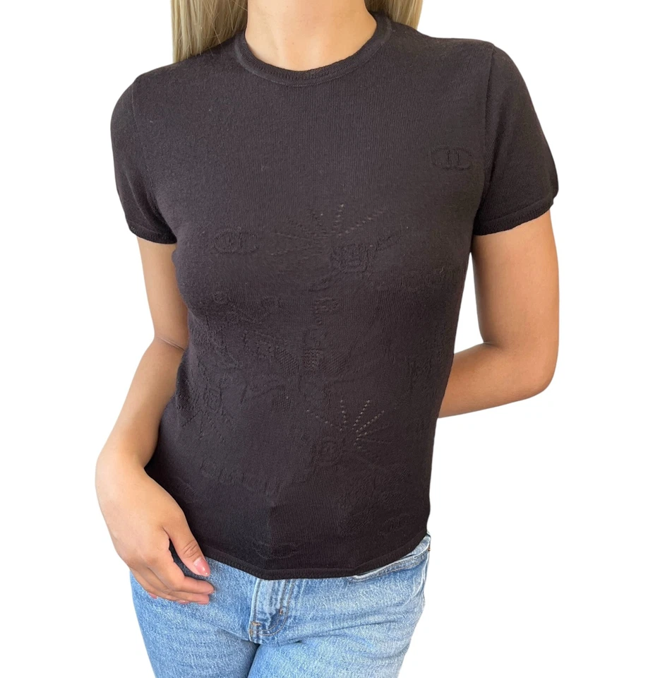 Suéter Tejido Manga Corta CHANEL Vintage 01A Logo CC #38 Negro Lana Rango AB Foto 1 de 4