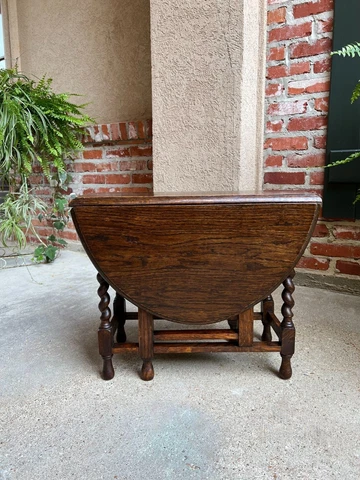 Antique English Drop Leaf Tea Table Barley Twist PETITE Dark Oak Coffee Gate Leg Cover