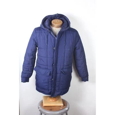 Casaco de inverno adulto marca Deep North década de 1970 com zíper capuz forro de pele tamanho pequeno azul marinho - Imagem 1 de 4