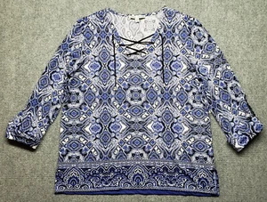 Larry Levine Blouse Womens XL Black Clematis Blue Lace V-Neck 3/4 Sleeve New - Picture 1 of 7