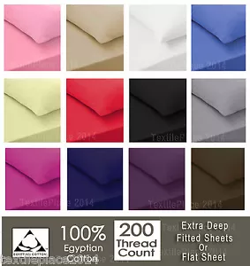 Extra Deep 100% Egyptian Cotton Fitted Sheet Flat Sheet 16"/40CM 100% 200 TC - Picture 1 of 18