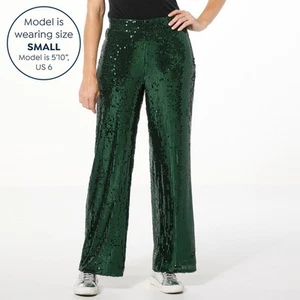 Pantaloni palazzo Mark and James by Badgley Mischka Elisa paillettes verde smeraldo L nuovi - Foto 1 di 2