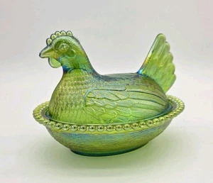 Vintage Indiana Glas irisierend limettengrün Henne auf einem Nest 7" Deckel Süßigkeiten Schale - Bild 1 von 9
