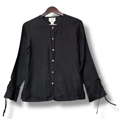 Talbots Womens Petites Black Linen Blouse Size 6 Witchy Gothic Coastal Boho Chic - Image 1 of 4