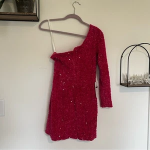 Nuevo con etiquetas Mini Vestido Berlinnova Rosa Completamente Lentejuelas Un Hombro Manga Larga Talla 8 - Imagen 1 de 7