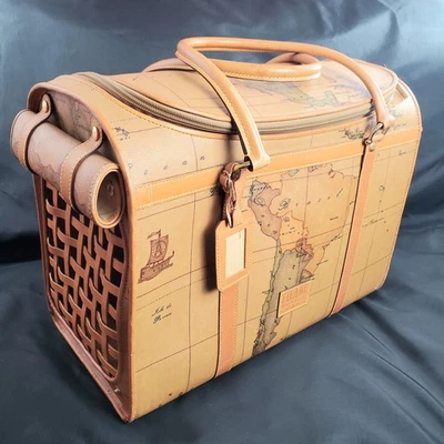 Antigo Alviero Martini1A Classe Luxo Transportador de Animais de Estimação Mapa do Mundo de Couro e Lona Raro - Imagem 1 de 4