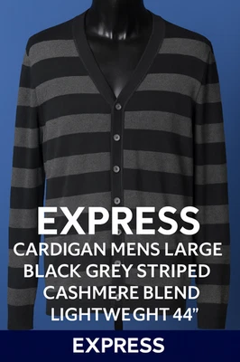 Cárdigan Express Para Hombre L Negro Gris Rayas Mezcla Cachemira Suéter Ligero 44" Foto 1 de 4