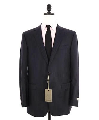 $1,895 CANALI - Navy Blue Textured Chalk Stripe Classic Blazer - 48L - Image 1 of 4