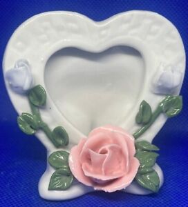 Porcelain 3D Rose Heart Shaped Picture Frame Free Standing (for small 1.5" pic)