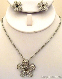 Pave Crystal Flower Earrings Pendant Necklace Choker - Picture 1 of 1